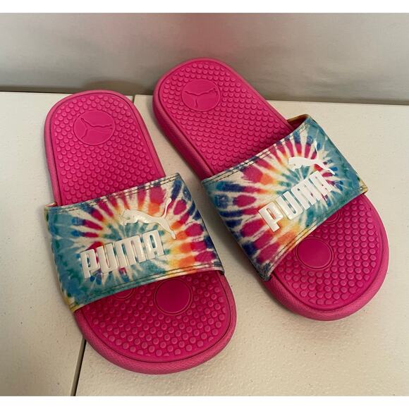 PUMA girls size 2 pink slide tie dye swirl color yellow blue slipper flip flop - Picture 3 of 9